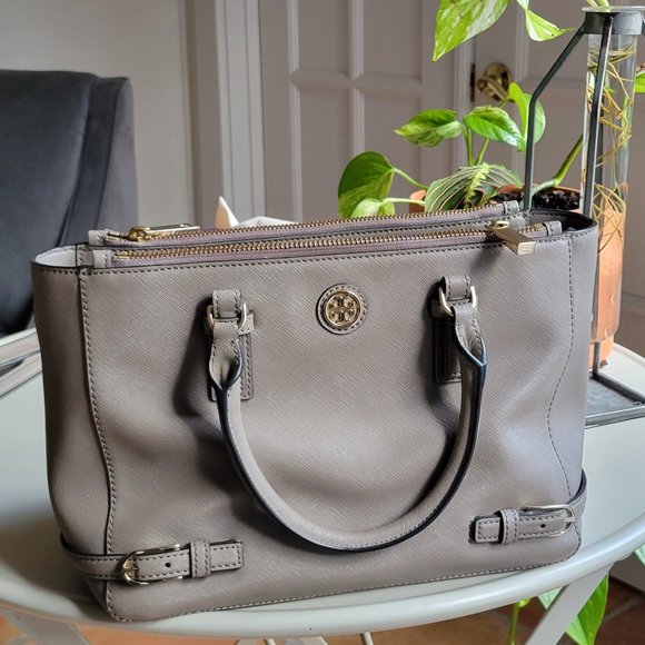 Tory Burch Saffiano Robinson Stripe Mini Double Zip Tote